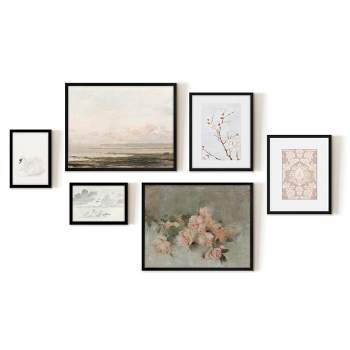 Americanflat 6 Piece Vintage Gallery Wall Art Set - Blush Roses, Hazy Beach, Pale Blossoms, Pink Silk Textile, Clouds by Maple + Oak