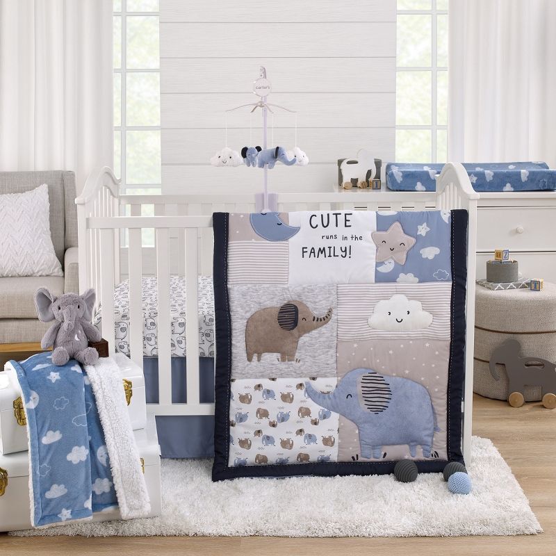 Carter's Blue Elephant - Chambray, and White Clouds, Moon and Stars Super Soft Contoured Changing Pad Cover, 3 of 4
