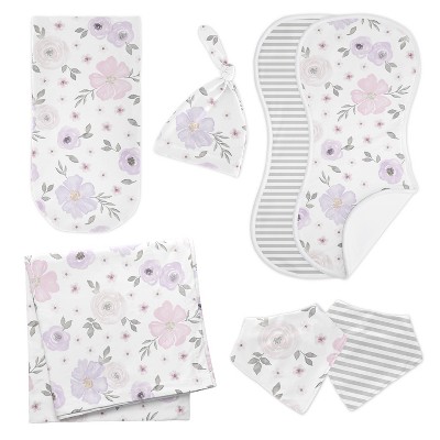 Sweet Jojo Designs Girl Newborn Baby Layette Gift Set Watercolor Floral Purple Pink and White 8pc