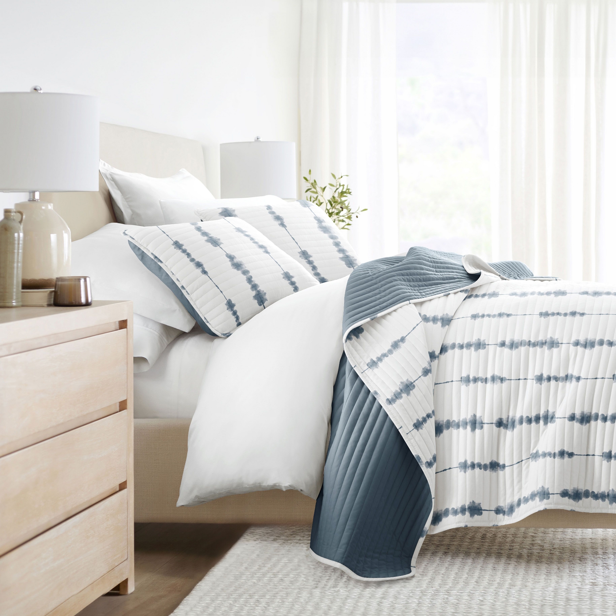 Geometric and Floral Modern Reversible Quilt and Shams Set - Becky Cameron, Shabori / Navy, Full/Queen