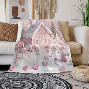 Christmas Throw Blanket for Couch Bed Sofa, Pink Gingerbread House with Snowman Heart Candy, Flannel Blanket Christmas Decor Xmas Gifts. - 1 of 4
