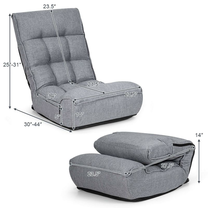 Costway 4-Position Floor Chair Folding Lazy Sofa w/Adjustable Backrest& Headrest Gray, 2 of 11