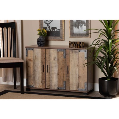 Rustic Brown Wood 3-Door Shoe Cabinet with Metal Accents