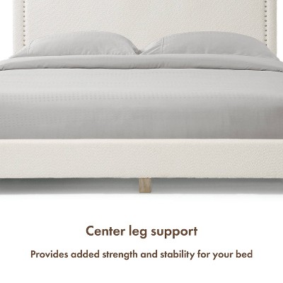 White Boucle Upholstered Queen Bed with Nailhead Trim and Wood Frame