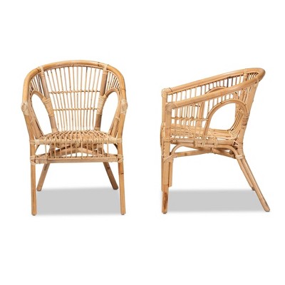 Natural Brown Rattan Slat Back Arm Chair Set