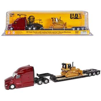 Peterbilt 579 UltraLoft Tandem Tractor Red Met w/Trailer and CAT D5M Dozer Yellow 1/87 (HO) Diecast Model by Diecast Masters
