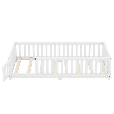 Bellemave Twin Montessori Floor Bed with Slats, Fence & Door, Low Twin Bed Frame with Center Support Bar, Easy Assembly, White
