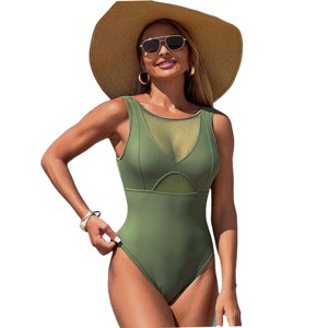 Racer Front Cutout Swimsuits Mesh Bathing Suits with Deep U Back Tummy Control Swimsuits Round Neck Cheeky Swimwear Summer Swimsuits for Women - 1 of 4