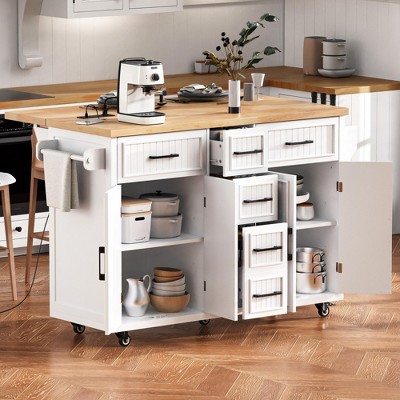 Lycvki 56.5'' Rolling Kitchen Island with Drop Leaf, Embossed Vertical Stripe