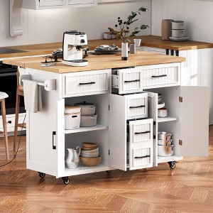 Lycvki 56.5'' Rolling Kitchen Island with Drop Leaf, Embossed Vertical Stripe - 1 of 4