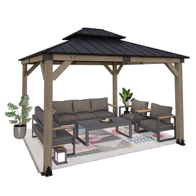 Aoodor  Wood Gazebo,Outdoor Upgrade Cedar Wooden Frame Gazebo with 2-Tier Galvanized Steel Roof
