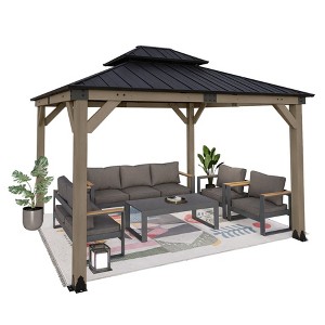 Aoodor  Wood Gazebo,Outdoor Upgrade Cedar Wooden Frame Gazebo with 2-Tier Galvanized Steel Roof - 1 of 4