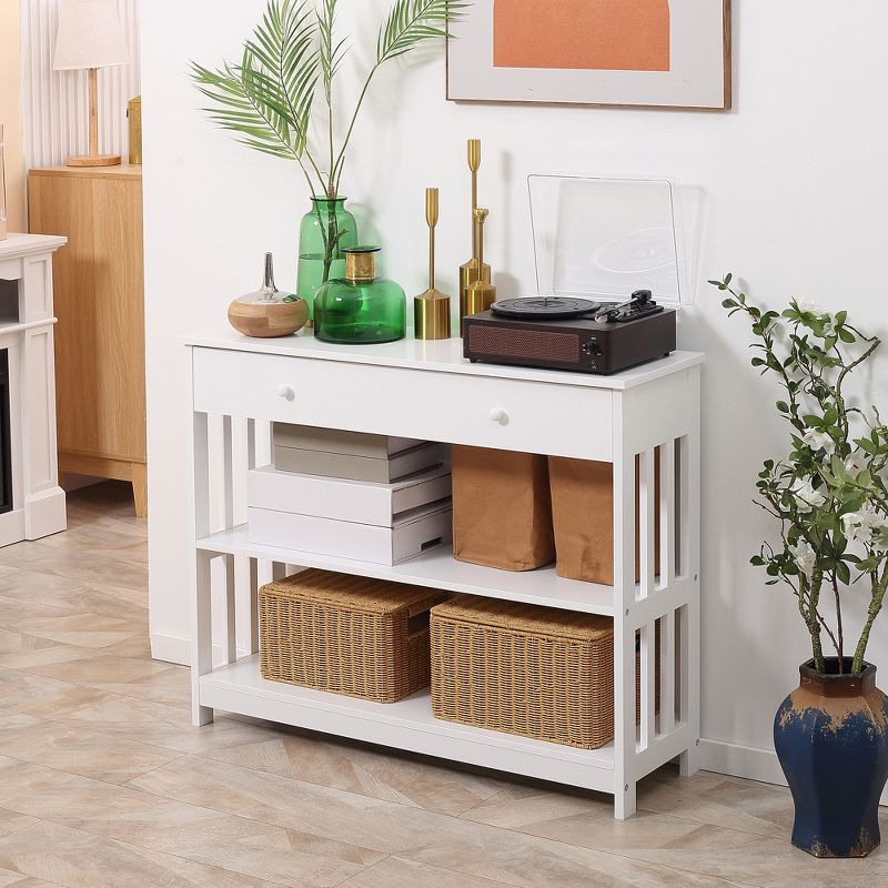 HOMCOM Console Hallway Table with Extra Wide Pull Out Drawer, 2 Open Shelves and Slatted Wood Frame Design, 3 of 7