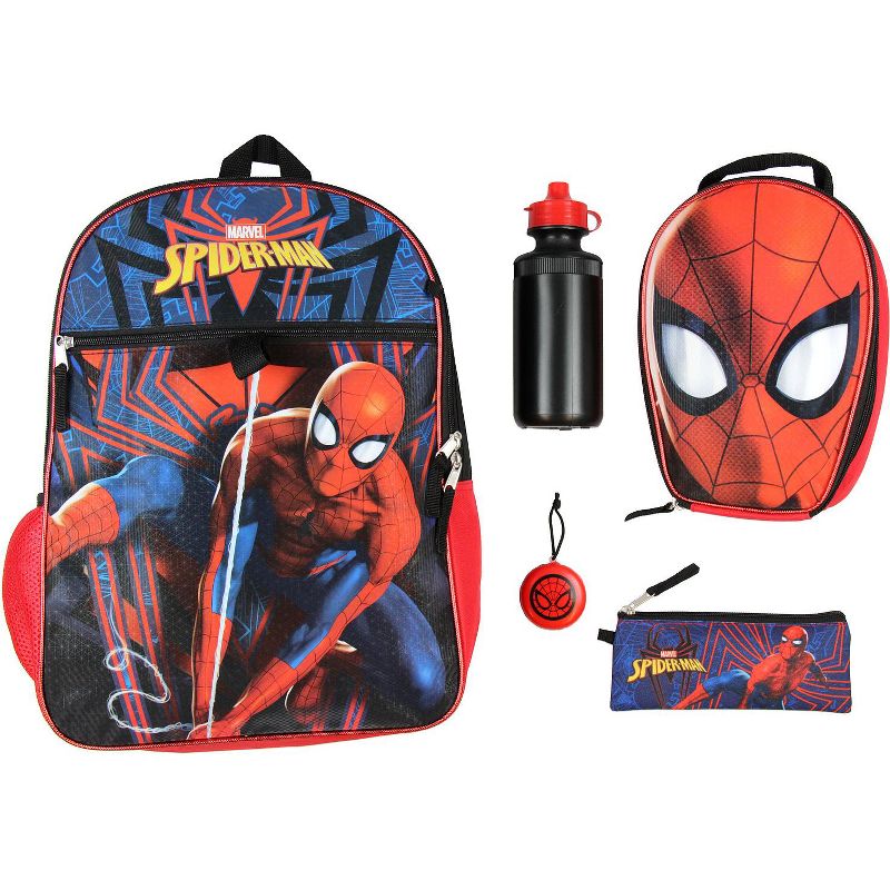 Marvel Spider-Man Backpack Kids 16" 5PC Water Bottle School Combo Set Multicoloured, 1 of 5