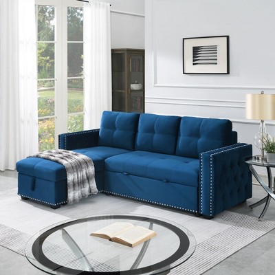 Velvet Sectional Sleeper Sofa Bed Button Tufted Couch with Reversible Storage Chaise - Morden Fort