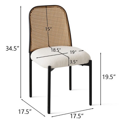 White Boucle Upholstered Dining Chairs with Black Metal Legs and Rattan Back