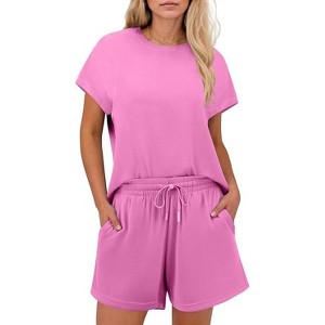 Pinspark 2 Piece Sets for Women Summer Crewneck Matching Shorts Lounge Set with Pockets Casual Travel Outfits Pink XXL - 1 of 4
