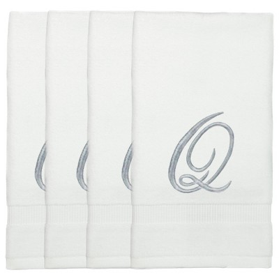 BC BARE COTTON Monogrammed Fingertip Towels, Personalized Gift, 11 x 18 Inches - Set of 4 - White - Silver Script