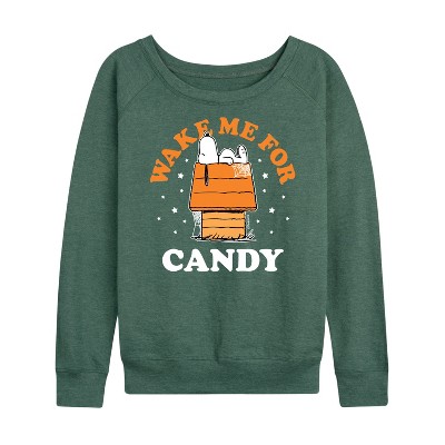 Women's - Peanuts - Wake Me For Candy Lightweight French Terry Wide Neck Long Sleeve Shirt