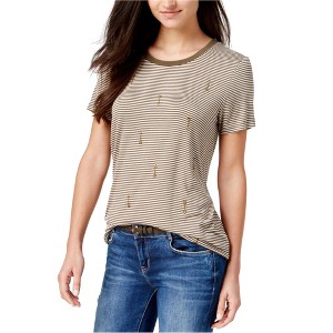 Carbon Copy Womens Striped Arrow-Embroidered Embellished T-Shirt, Green, Medium - 1 of 1