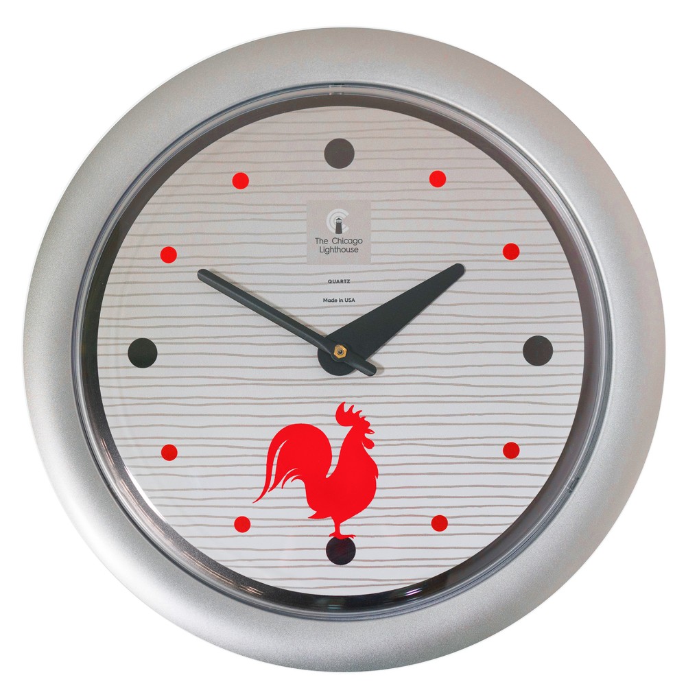 14" x 1.8" Morning Rooster Decorative Wall Clock Silver Frame - By Chicago Lighthouse: Kitchen Fashion Analog Display