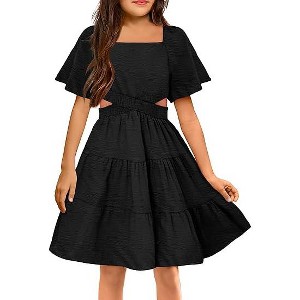 Arshiner Girls Dresses Square Neck Cut Out Shirred Party Cute Tween Dress - 1 of 4