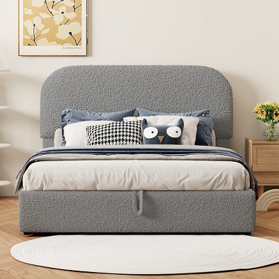 Upholstered Platform Bed, Storage Bed with Curved Headboard and Side Rails, Hydraulic Lift Storage Bed with Wood Frame-Baofuwish
