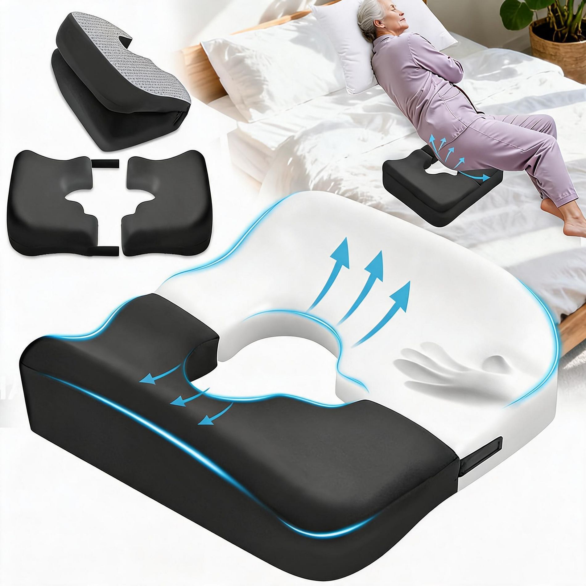Ice Silk Memory Foam Donut Seat Cushion, Orthopedic Pad for Tailbone, Bed Sore & Sciatica Pain, for Office, Car & Bedridden Support