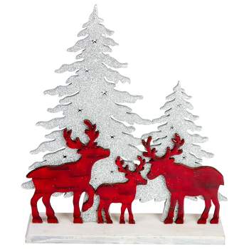 Northlight 11.5" Reindeer Family with Sliver Glittered Trees Christmas Decoration