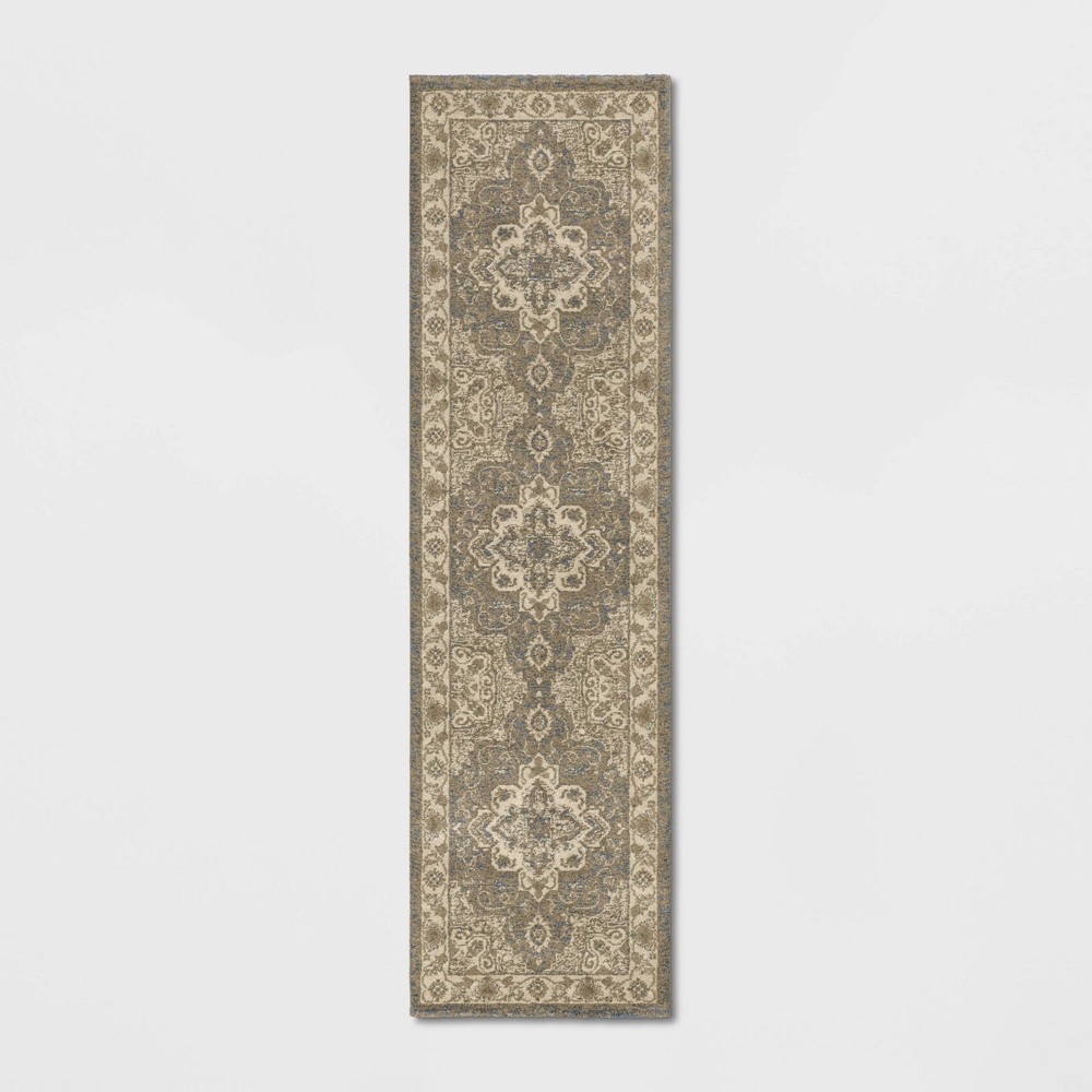  Medallion Jewel Boarder Persian Style Woven Runner Rug Cream/Gray
