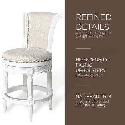 Alabaster White Leather-Wood Swivel Counter Stool with Nailhead Trim