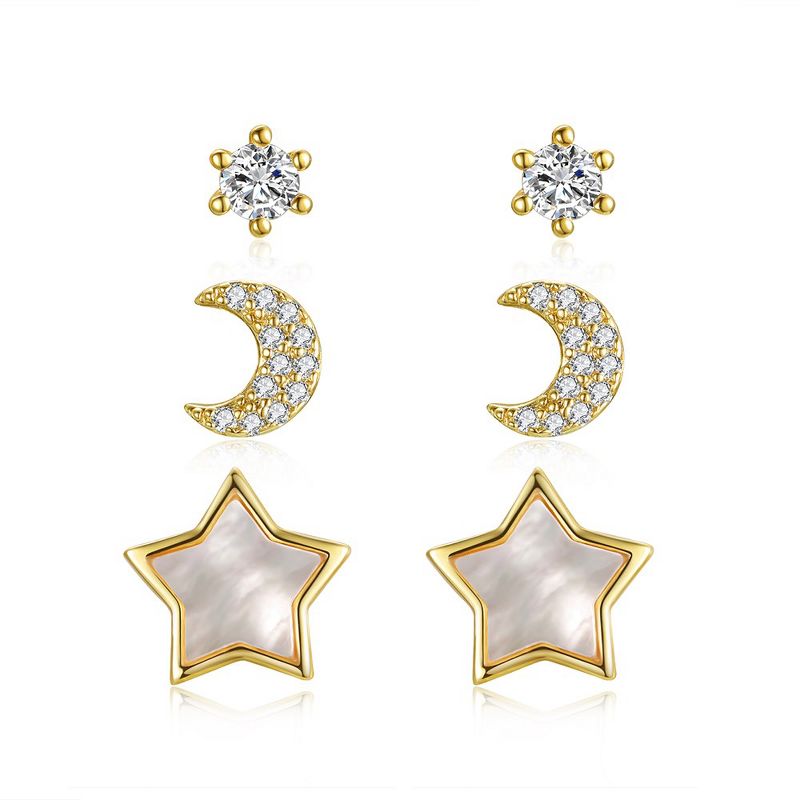 14k Yellow Gold Plated with Mother of Pearl & Cubic Zirconia Solitaire Star & Crescent Moon Astrological Zodiac Galaxy 3-Piece Stud Earrings Set, 1 of 4