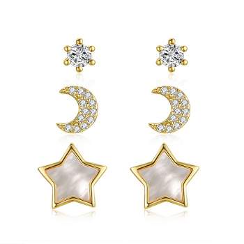14k Yellow Gold Plated with Mother of Pearl & Cubic Zirconia Solitaire Star & Crescent Moon Astrological Zodiac Galaxy 3-Piece Stud Earrings Set