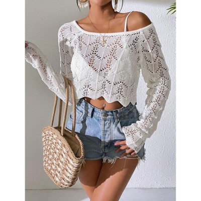 Women's Crochet Cover-Up Knitted Crop Top Summer Sweater Long Sleeve
