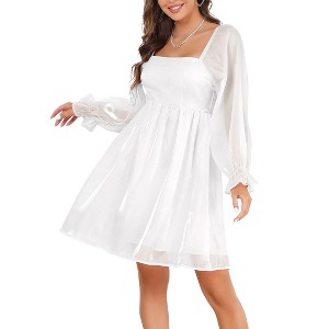 Coolmee Women's Mesh Ruffle Long Sleeve Square Neck Dress High Waist A Line Flowy Casual Party Mini Dress - 1 of 4