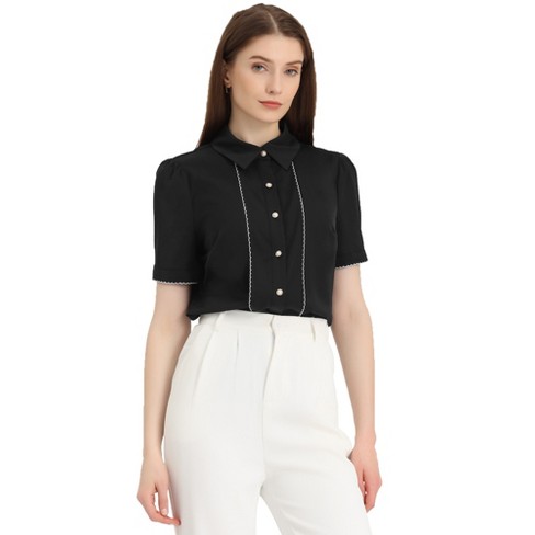 Allegra K Women's Contrast Trim Point Collar Puff Short Sleeve Button Down  Shirt Black Small