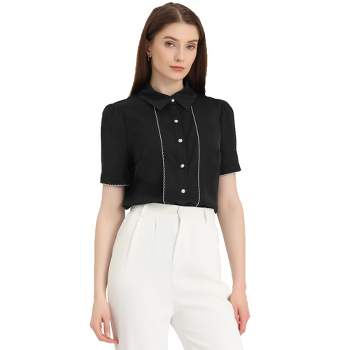 Allegra K Women's Contrast Trim Point Collar Puff Short Sleeve Button Down Shirt