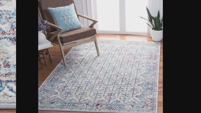 Ivory and Blue Square Synthetic Stain-Resistant Area Rug