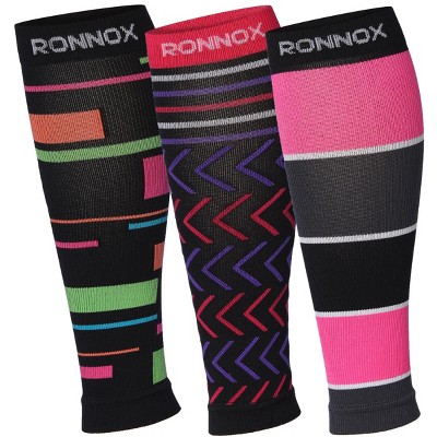 Tipi Toe Unisex 3 Pairs Bright Colored Contrasting Geometry Patterned Calf Compression Tube Sleeves 12-14 mmHg Great for Athletic & Medical Use