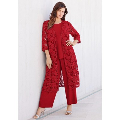 Roaman's Petite Plus Size 3-Piece Allover Lace Duster Pant Set – Formal Wear