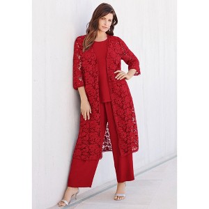Roaman's Plus Size 3-Piece Allover Lace Duster Pant Set – Formal Wear - 1 of 4
