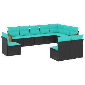 vidaXL Patio Sofa Set - 10 Piece Black Poly Rattan Outdoor Furniture with Blue Cushions - PE Rattan & Steel Frame - Modular Design - Garden/Patio - 1 of 4