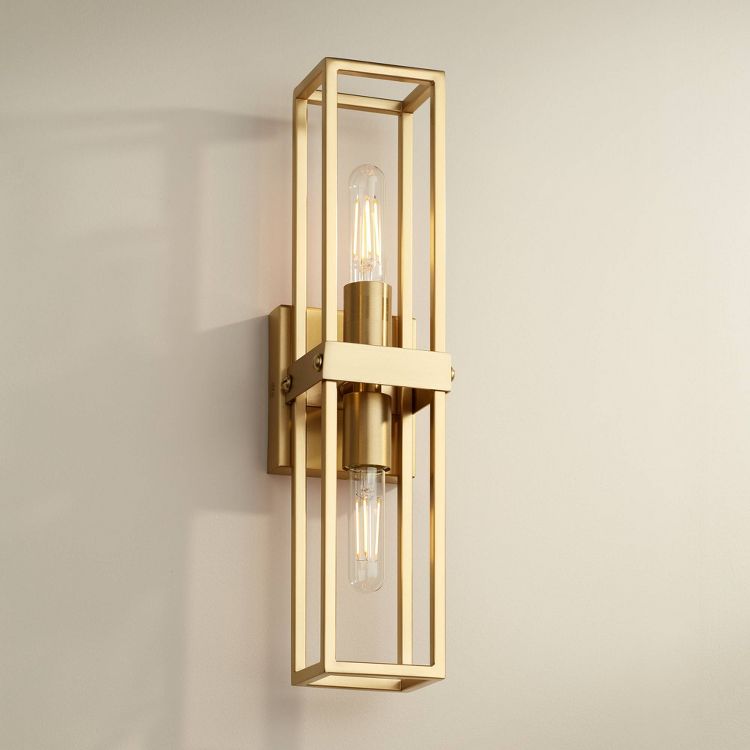 Possini Euro Design Modern Wall Light Sconce Warm Brass Hardwired 18 3/4" High 2-Light Fixture Open Frame Bedroom Bathroom Hallway, 2 of 9