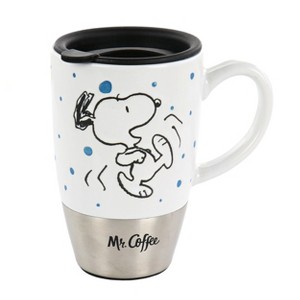 Mr. Coffee Snoopy Time 15 Ounce Ceramic Travel Mug in White and Stainless Steel With Lid - 1 of 4