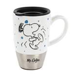 Mr. Coffee Snoopy Time 15 Ounce Ceramic Travel Mug in White and Stainless Steel With Lid