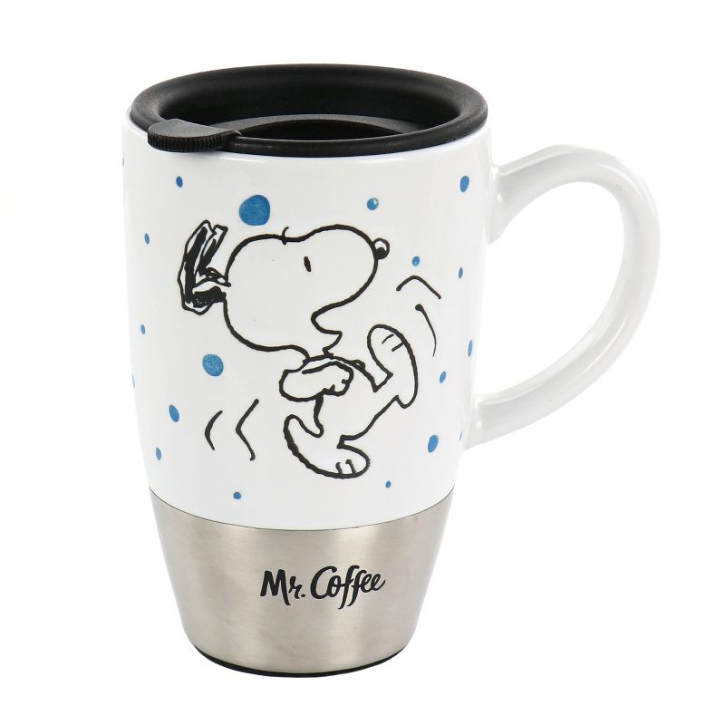 Mr. Coffee Snoopy Time 15 Ounce Ceramic Travel Mug in White and Stainless Steel With Lid, 1 of 7