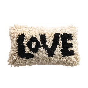 Storied Home Woven Wool Shag Lumbar Pillow with "Love" Design, Black and Cream - 1 of 4