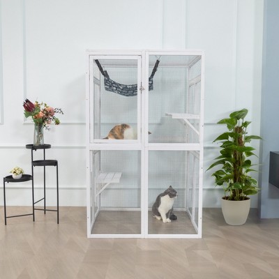 DOMETOUR Wooden Cat Catio Outdoor Cat Enclosure Cat House with Platforms, Sunshine Board, Hammock, Door, Kitten Cage