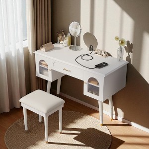 Elegant Vanity Makeup Table & Chair Set, Modern Dressing Table with Organizer, Writing Desk, Charging Port - 1 of 4