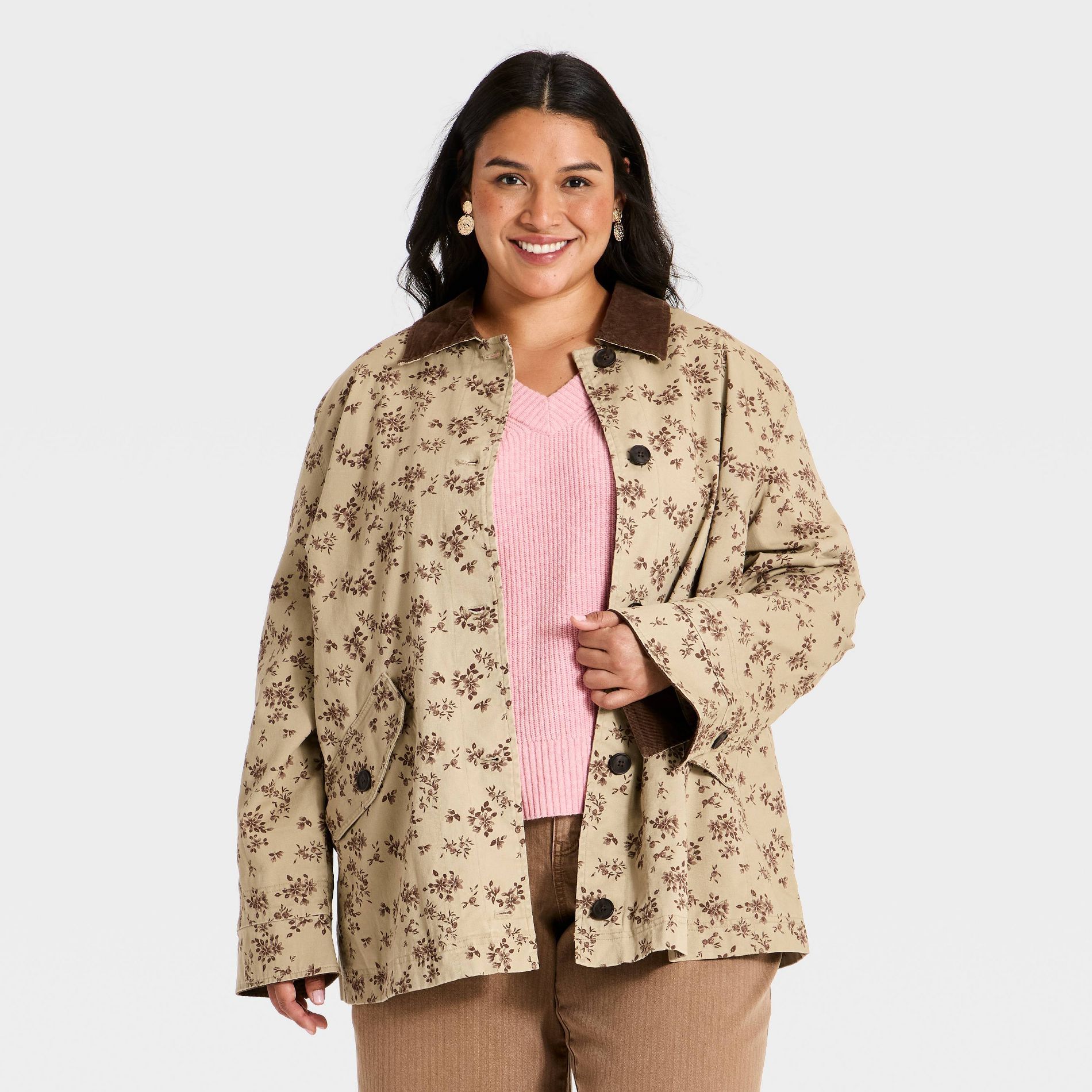 Women's Plus Floral Barn Jacket - Ava & Viv™ Tan